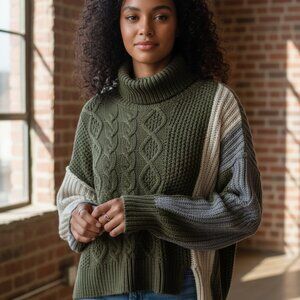 Colorblock Turtleneck Cable Knit Sweater By Whiteroom + Cactus S Acrylic & Cotto